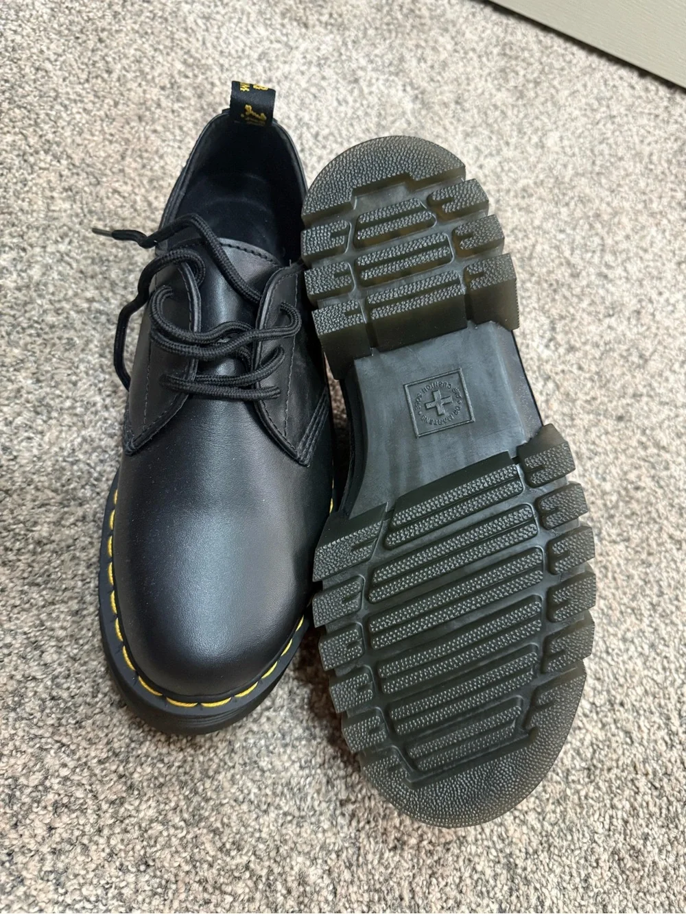 Dr. Martens Black Leather Platform Lace-Up Shoes with Yellow Stitching